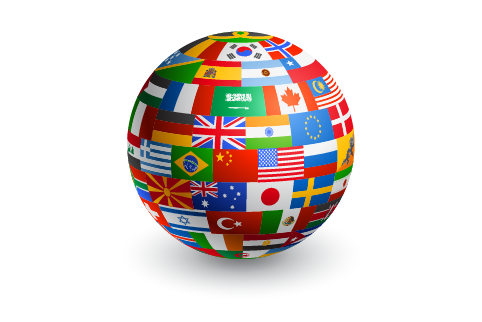 Globe covered by flags from around the world.