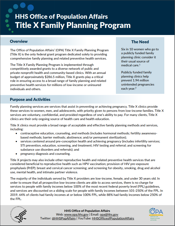 First page of Title X family planning program one-pager.