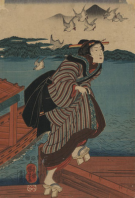 Sanbashi no onna (Young woman wearing geta). Ukiyo-e print by Kuniyoshi Utagawa, 1844-1850. Prints & Photographs Division