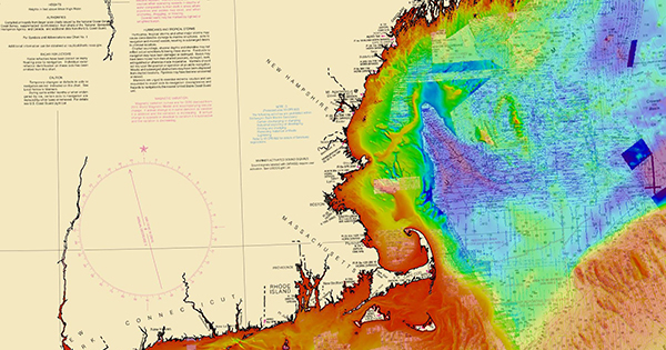 Image showing a seamless bathymetric surface built from many different sources and overlaid on top of a nautical chart