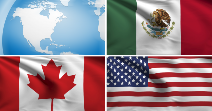 A collage of four images, including a globe focusing on Canada, the United States and Mexico combined with the flags of those countries.