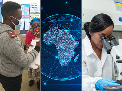 Collage of 3 images from top stories of 2020: Researcher in a clinic. Digital map of Africa. Researcher works in lab.