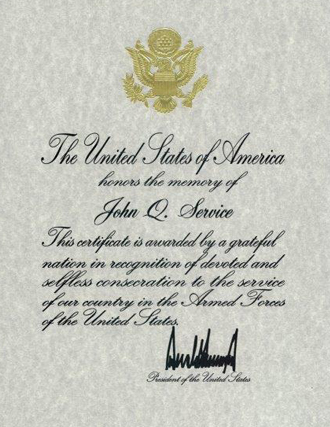 Sample Presidential Memorial Certificate