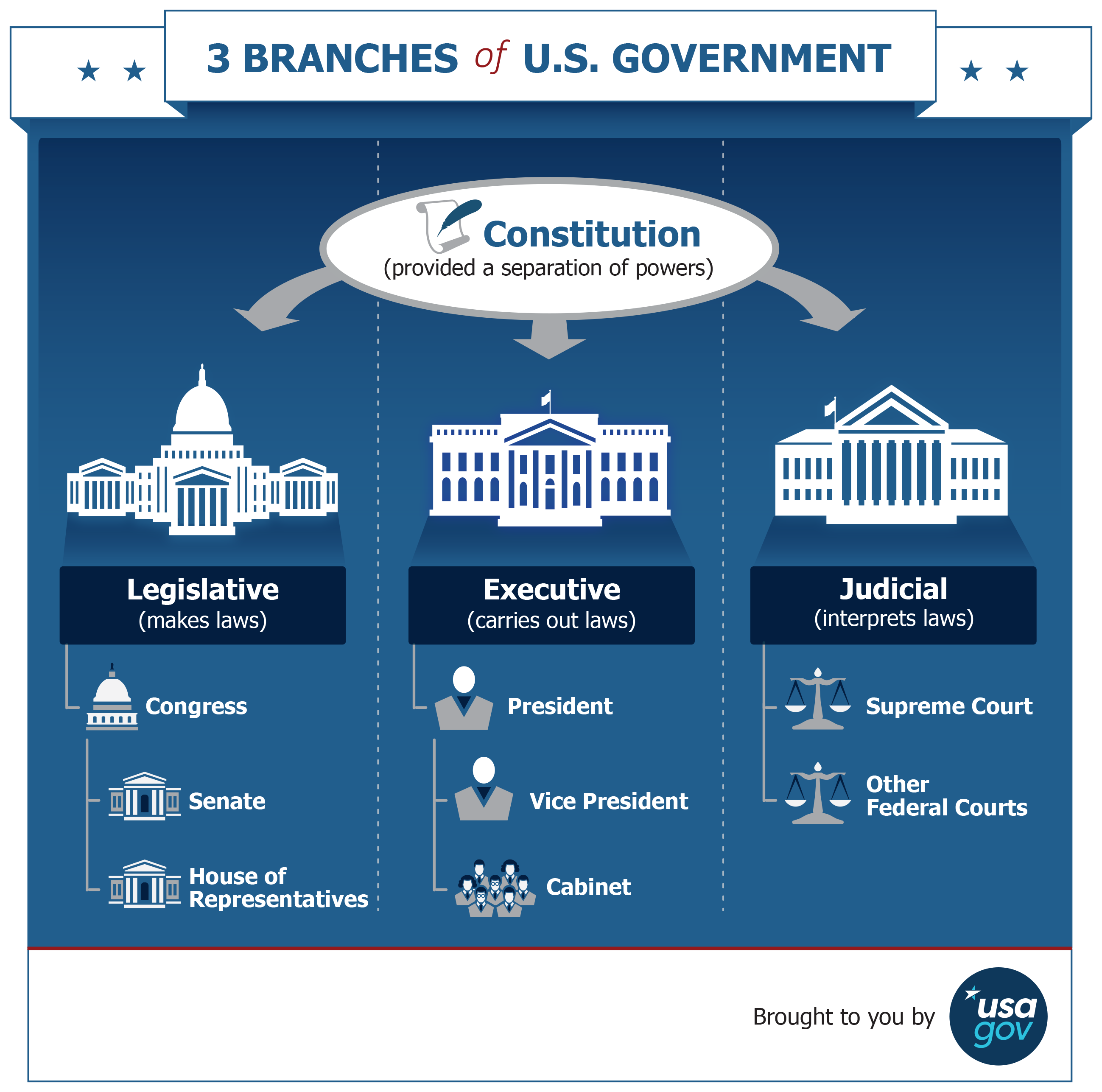 3 Branches of U.S. Government infographic. See description below.