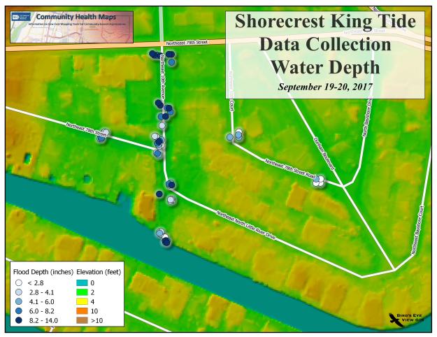 Shorecrest King Tide data collection: map showing water depth in comparison to elevation above sea level