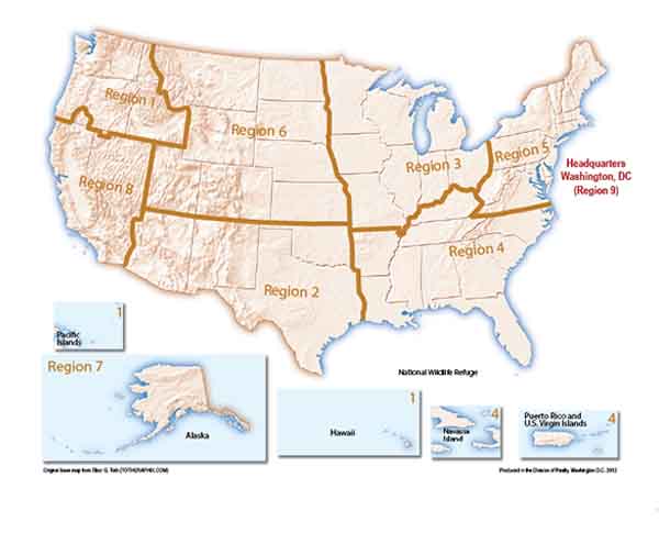 U.S. map divided into NWRS regions, with icons represented completed, current and scheduled Comprehensive Conservation Plans (CCPs) for each region