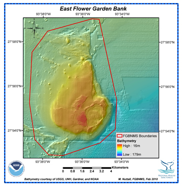 Bathymetric map showing sanctuary boundaries at East Flower Garden Bank.  Depth is indicated by color.