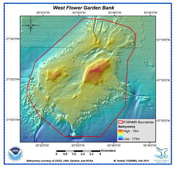 Bathymetric map showing sanctuary boundaries at West Flower Garden Bank.  Depth is indicated by color.