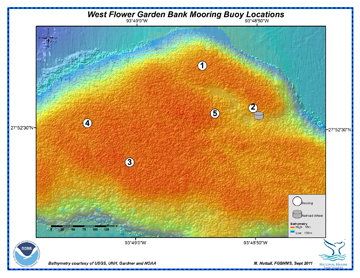 Bathymetric map showing mooring buoy locations at West Flower Garden Bank.  Depth is indicated by color.  Buoys are marked by numbered octagons.