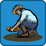 Gold Rush kids game icon; drawing of man panning for gold