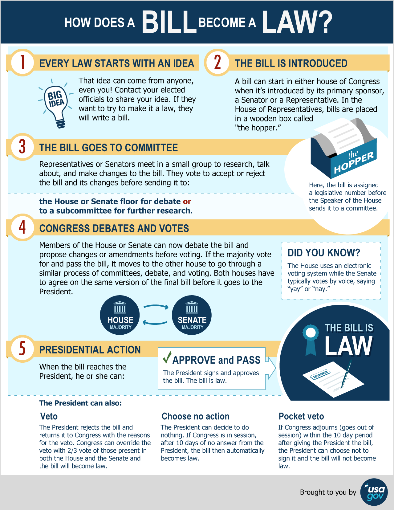 How a Bill Becomes a Law infographic summary. 
