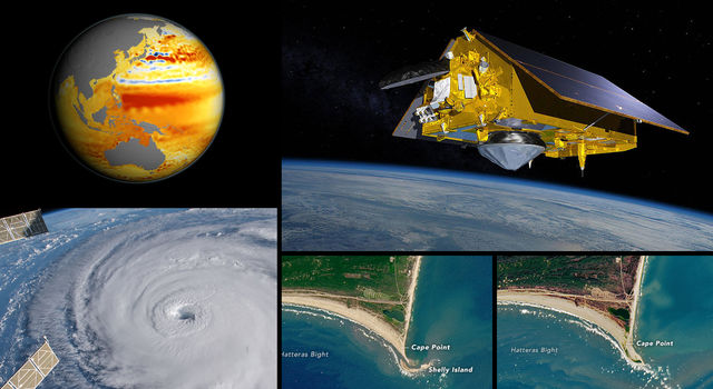 Collage of images and graphics representing the science goals of the Sentinel-6 Michael Freilich mission