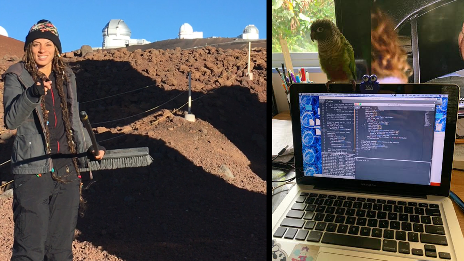 In the image on the left, Jennifer Brag stands in front of a series of observatories. In the image on the right, her bird is pirched on top of open laptop.