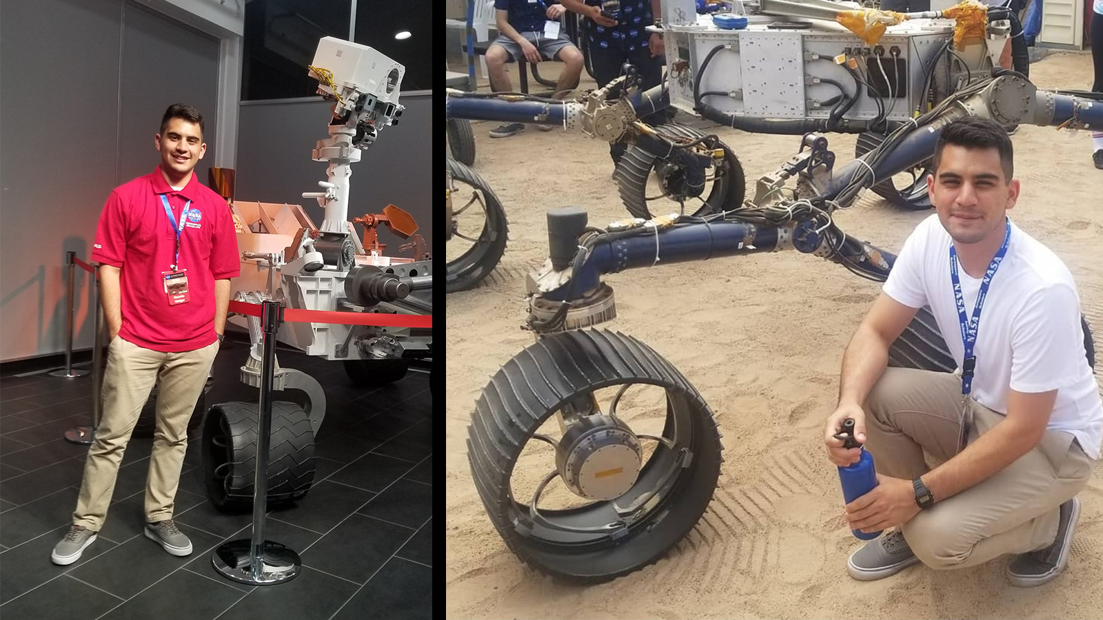 In the image on the left, Richardo Isai Melgar poses in front of a model of the Curiosity Mars rover at JPL. In the image on the right, he kneels in front of a model Mars rover in the Mars Yard at JPL.