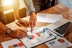 two people examining charts and tables of statistics