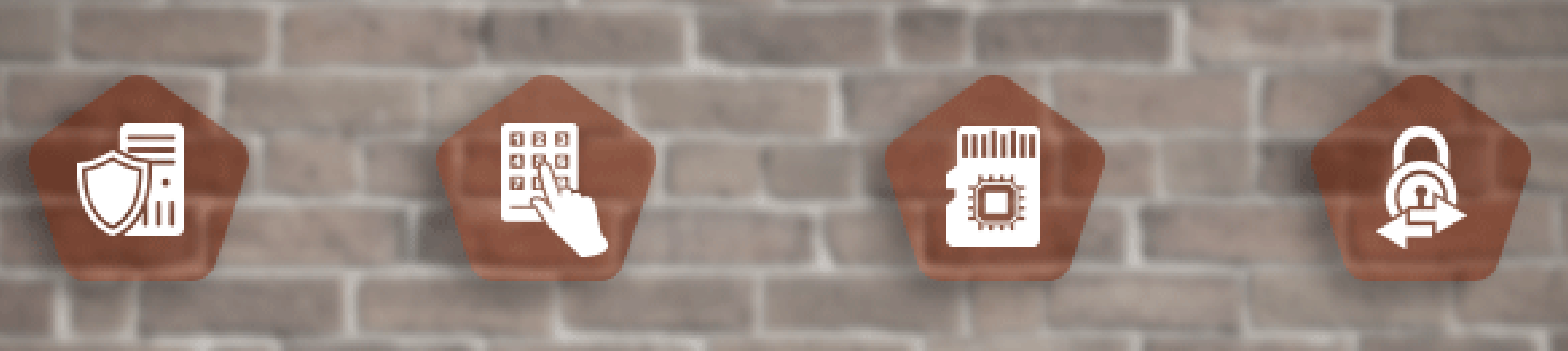Shield, key pad, memory card, and lock on brick wall