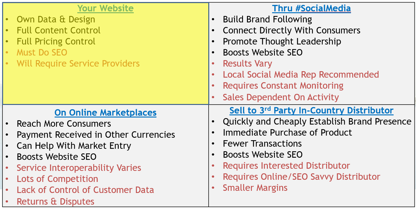 This quad chart highlights the pros and cons of your own website as an ecommerce sales channel
