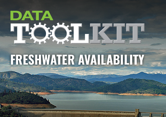 Photo of a freshwater lake and the logo for Data Toolkit: Freshwater Availability.