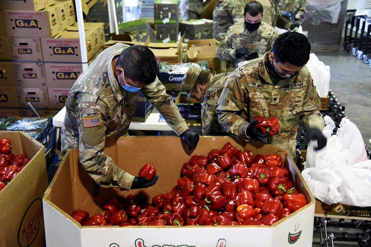 Two national guardsmen wearing face masks and gloves sort through produce.