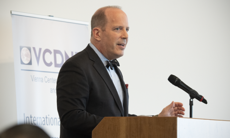 Assistant Secretary of State for International Security and Nonproliferation Christopher A. Ford delivering remarks on the strategic logic of U.S. Iran policy at an event held by the Vienna Center for Disarmament and Nonproliferation at the Permanent Mission of Japan to the International Organizations in Vienna, September 19, 2019. (USUNVIE)