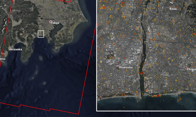 Map created by NASA's Advance Rapid Imaging and Analysis (ARIA) team in collaboration with the Earth Observatory of Singapore (EOS) showing areas in Japan likely damaged as a result of Typhoon Hagibis (October 12, 2019).