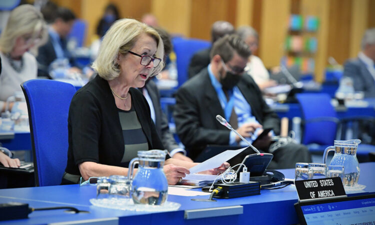 Ambassador Jackie Wolcott at the IAEA Board of Governors Meeting, Sept. 14, 2020. (IAEA/Dean Calma)