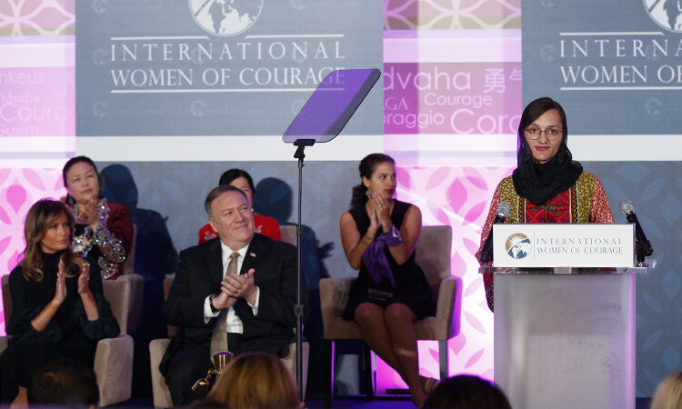Zarifa Ghafari, of Afghanistan, pauses as she speaks during the 2020 International Women of Courage Awards Ceremony at the State Department in Washington, Wednesday, Feb. 4, 2020. (AP Photo/Carolyn Kaster)
