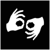 Pictogram of two hands, each with thumb and index finger touching, in sign language handshape for the word interpret