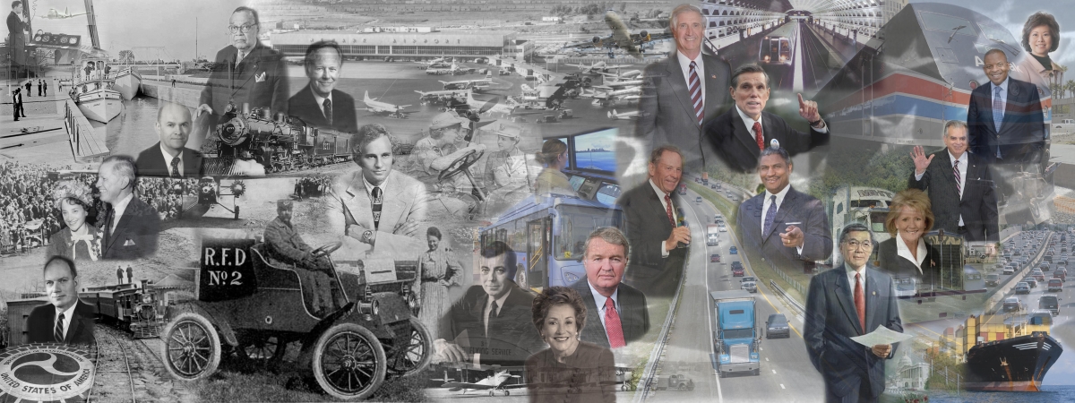 Collage of transportation with images of all DOT secretaries