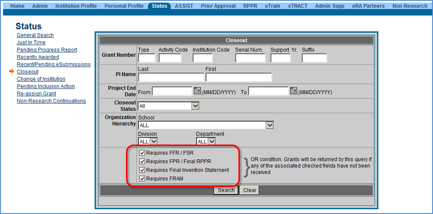 Signing official’s Closeout search screen, showing filter options