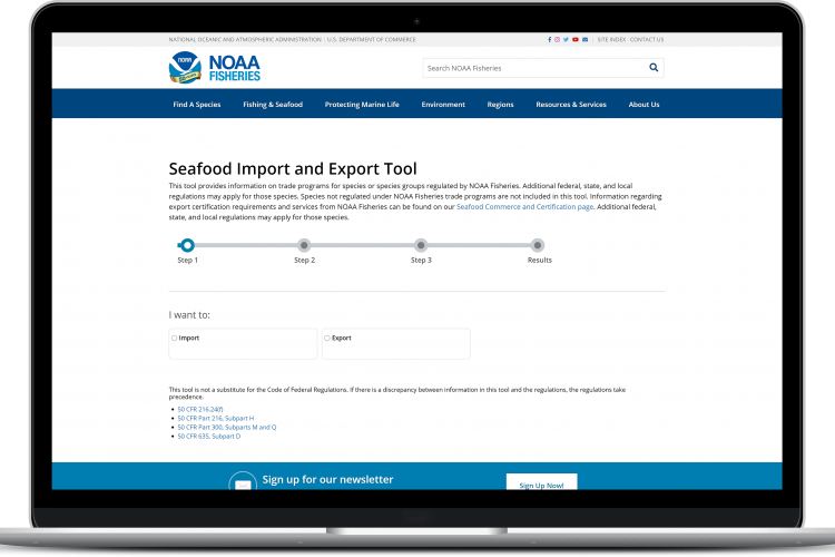 Seafood Import and Export Tool shown on a laptop. 