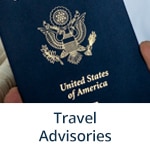 "Travel Advisories" subheading with image of a U.S. passport from AP Images (AP Photo/Iuliia Stashevska)