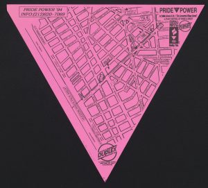 1994 map of Pride Power march in New York City, printed in black text on a pink triangular background.
