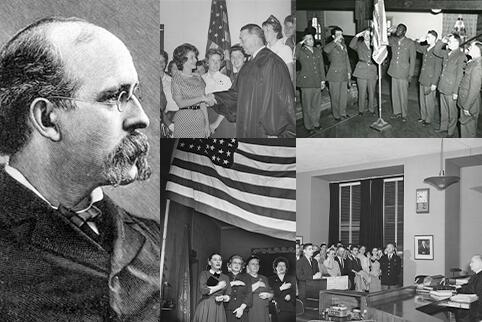 Historical images of explorers and naturalization ceremonies.