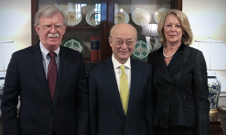 Left to right: United States National Security Advisor John Bolton, IAEA Director General Yukiya Amano, United States Ambassador Jackie Wolcott.