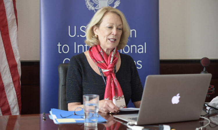 Ambassador Jackie Wolcott delivers a U.S. statement at a virtual meeting of the IAEA Board of Governors, June 15, 2020. (USUNVIE/Colin Peters)