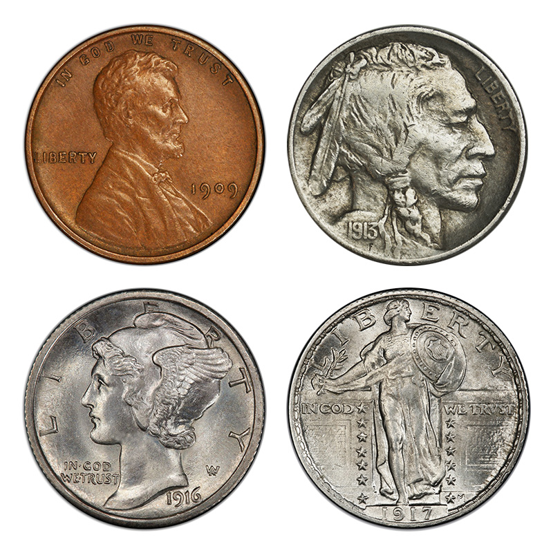 Obverse designs in the early 1900s: Wheat Ears (cent), Buffalo (nickel), Mercury/Winged Liberty (dime), Standing Liberty (quarter).