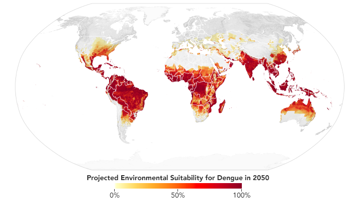 This map shows regions of the world that are more likely to have dengue fever cases in 2050.