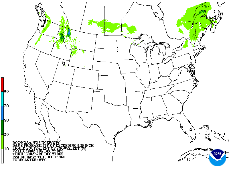 Day 6 probability of at least .25 inch liquid equivalent of snow/sleet.