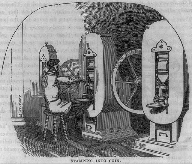 New coining presses fed blank coins onto the lower die, while steam forced down the upper die to strike the coin. From Hutchings' California Magazine, 1856.