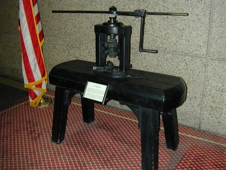 The first screw press used at the Mint. It is currently on display at the Philadelphia Mint.