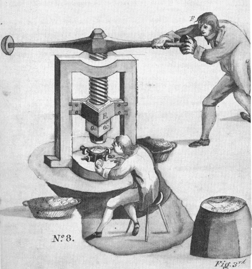 A coin was placed – by a man or fed by a tube – onto the lower die of the screw press while a weighted lever turned the screw that forced the upper die down.