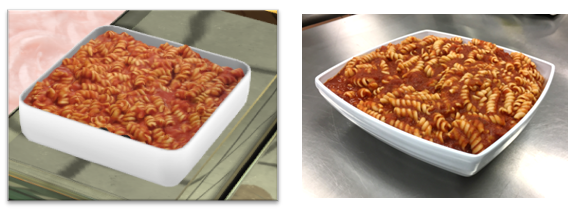 Pasta from the virtual buffet (left) closely resembles real pasta made by the Clinical Center’s Metabolic Kitchen (right).