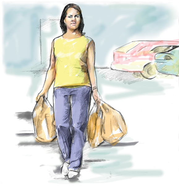 Dibujo de una mujer que camina por el estacionamiento con bolsas de compras.