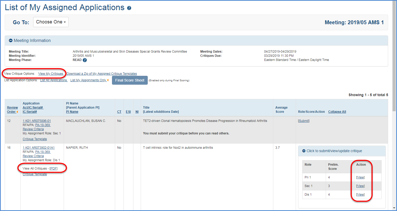 List of options for viewing critiques on the List of All Applications screen