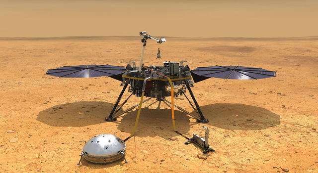 This illustration shows NASA's InSight spacecraft with its instruments deployed on the Martian surface