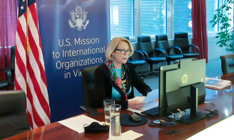 Ambassador Jackie Wolcott delivers virtually a U.S. statement at the IAEA Board of Governors Meeting, Vienna, Austria, November 18, 2020. (USUNVIE/Spencer Fields)