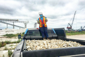 A woman in a mask and gloves gives a thumbs up while standing on a truck pickup-bed full of white oyster shells. 