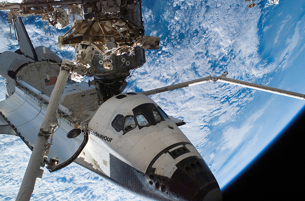 Space Shuttle Endeavour docked to the International Space Station.