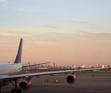 An airplane at dawn.